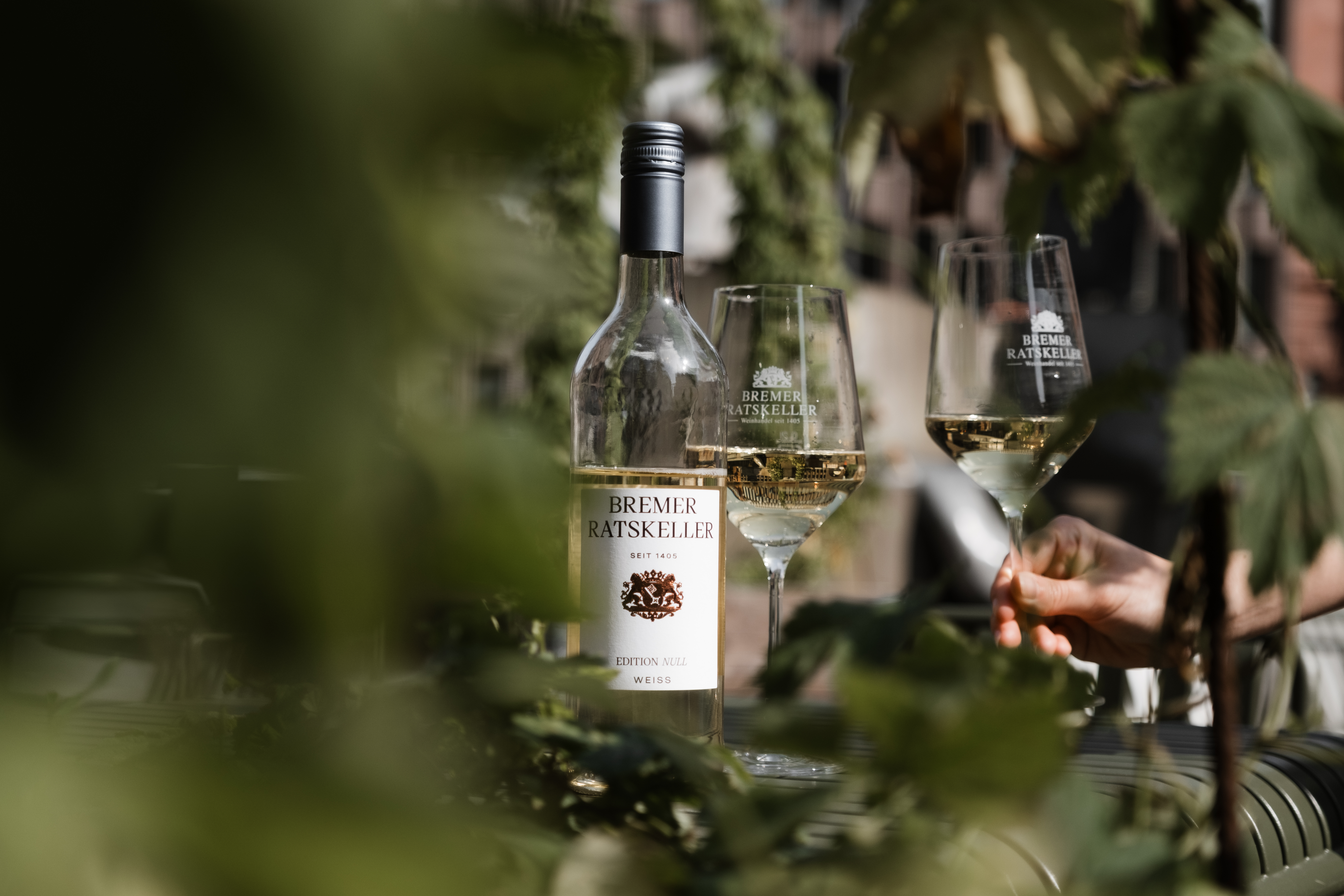 Weinflasche Edition Null Alkoholfrei mit zwei Weingläsern auf einem Gartentisch zwischen Pflanzen 