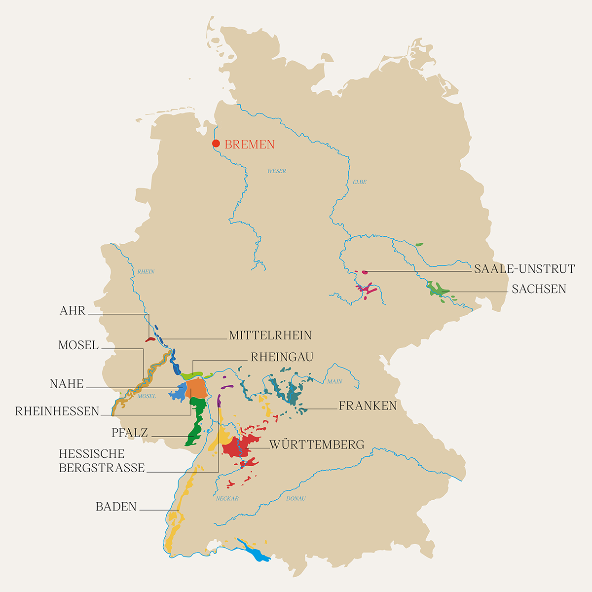 Karte der deutschen Weinanbaugebiete bunt